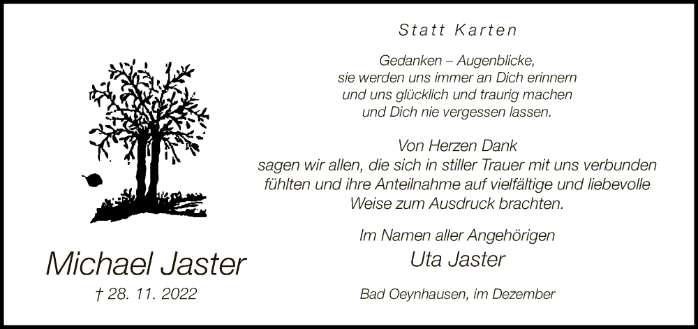  Traueranzeige für Michael Jaster vom 31.12.2022 aus Neue Westfälische