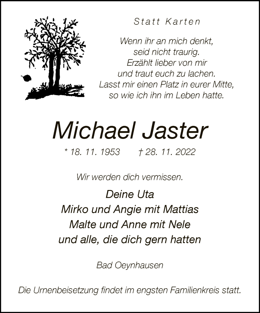  Traueranzeige für Michael Jaster vom 03.12.2022 aus Neue Westfälische