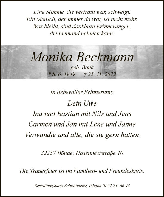 Traueranzeige von Monika Reckmann von Neue Westfälische
