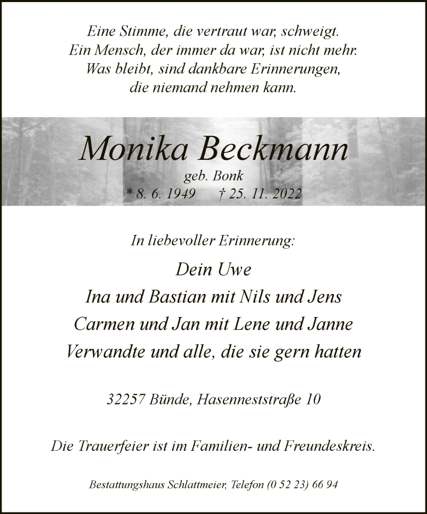  Traueranzeige für Monika Reckmann vom 03.12.2022 aus Neue Westfälische