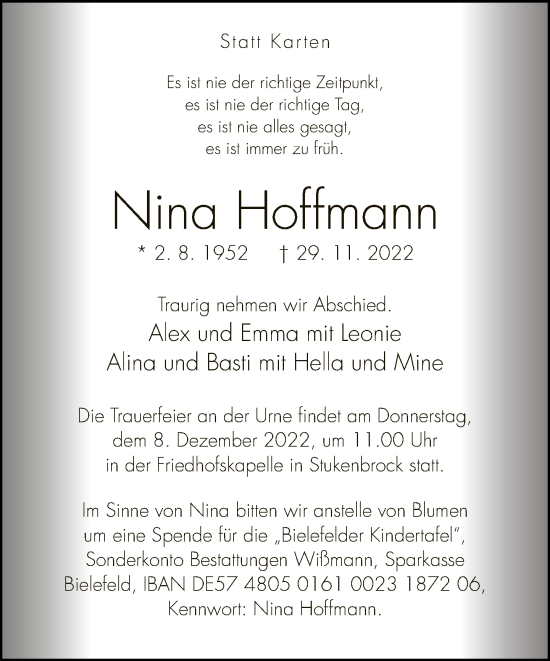 Traueranzeige von Nina Hoffmann von Neue Westfälische