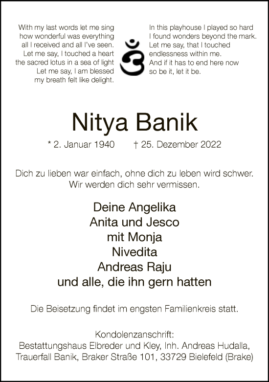 Traueranzeige von Nitya Banik von Neue Westfälische