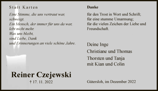 Traueranzeige von Reiner Czejewski von Neue Westfälische