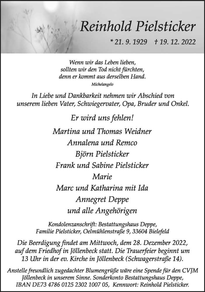  Traueranzeige für Reinhold Pielsticker vom 23.12.2022 aus Neue Westfälische