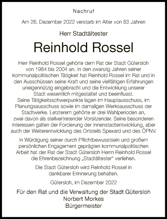 Traueranzeige von Reinhold Rossel von Neue Westfälische