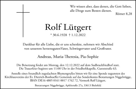 Traueranzeige von Rolf Lütgert von Neue Westfälische