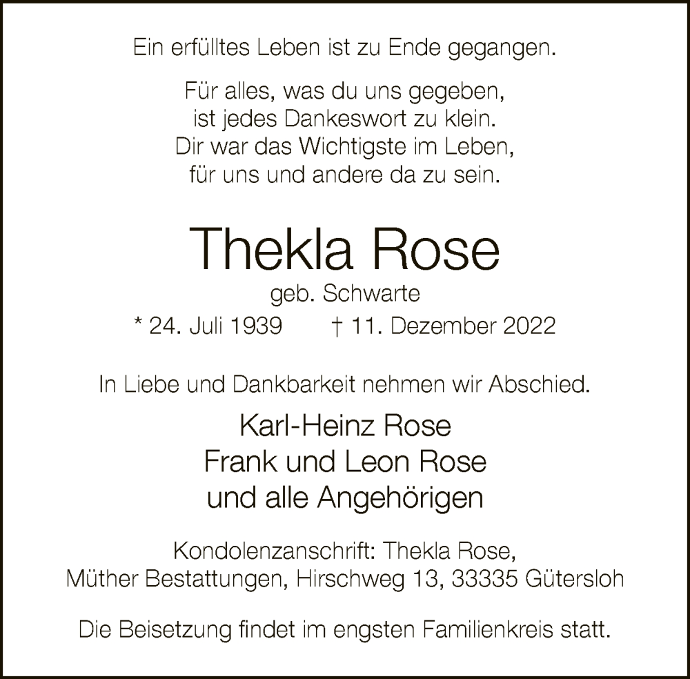  Traueranzeige für Thekla Rose vom 17.12.2022 aus Neue Westfälische