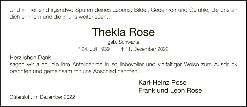  Traueranzeige für Thekla Rose vom 31.12.2022 aus Neue Westfälische