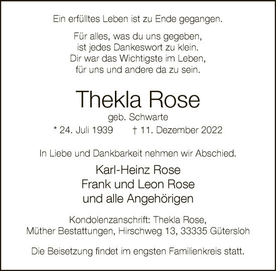 Traueranzeige von Thekla Rose von Neue Westfälische