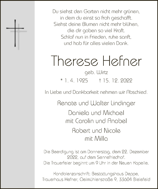 Traueranzeige von Therese Hefner von Neue Westfälische