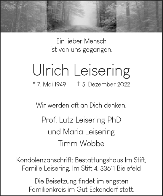 Traueranzeige von Ulrich Leisering von Neue Westfälische