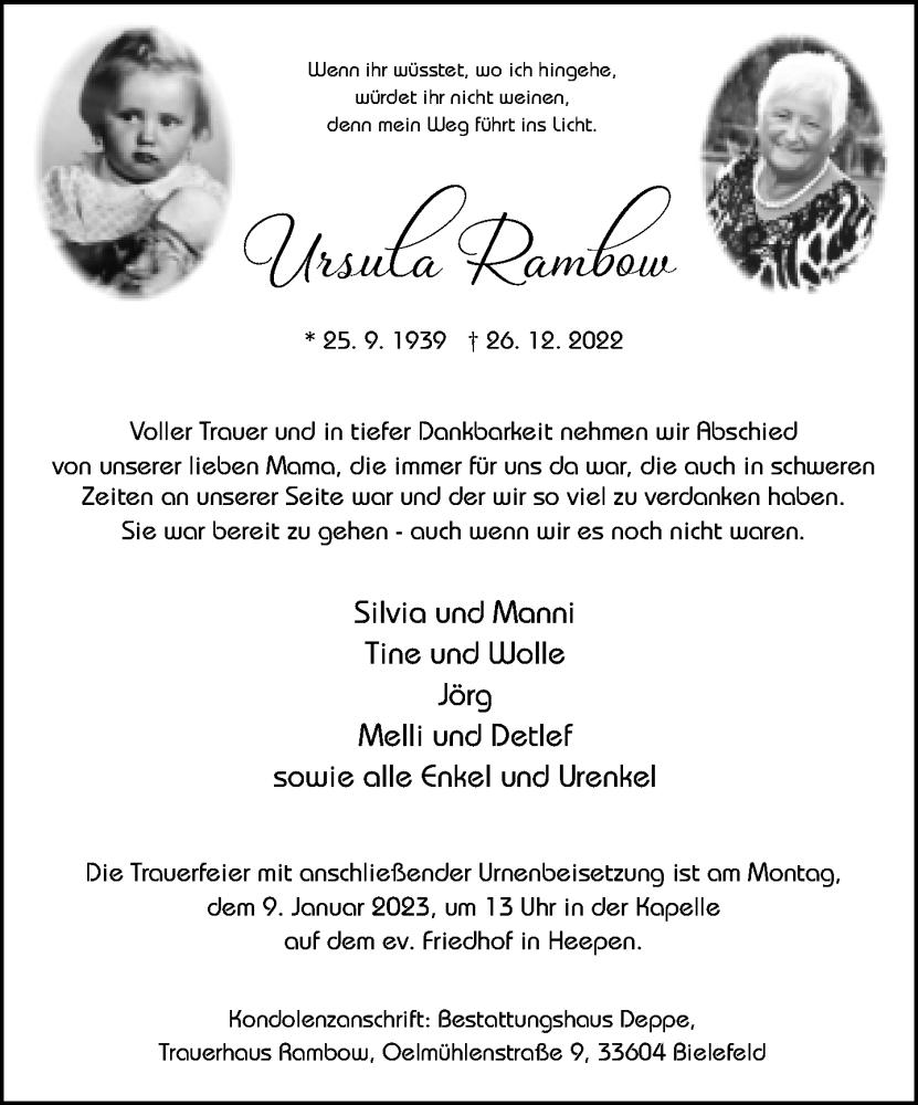  Traueranzeige für Ursula Rambow vom 31.12.2022 aus Neue Westfälische
