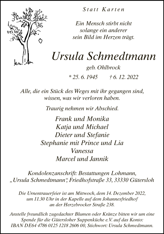 Traueranzeige von Ursula Schmedtmann von Neue Westfälische