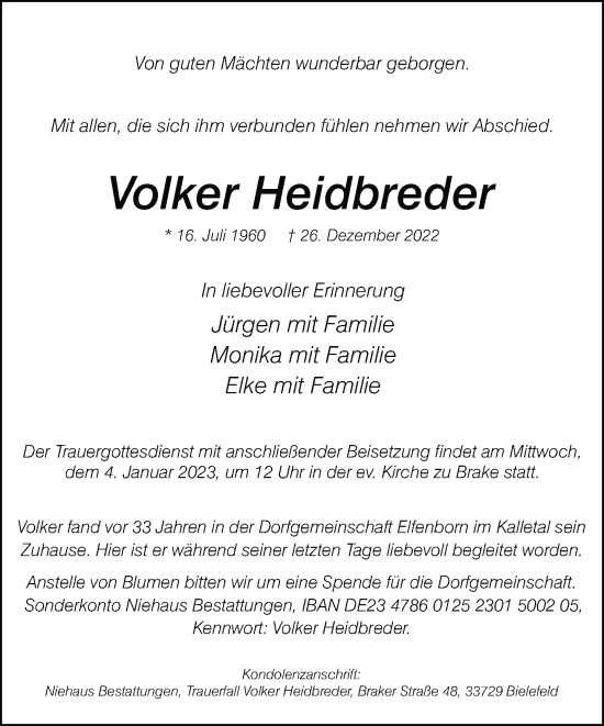 Traueranzeige von Volker Heidbreder von Neue Westfälische