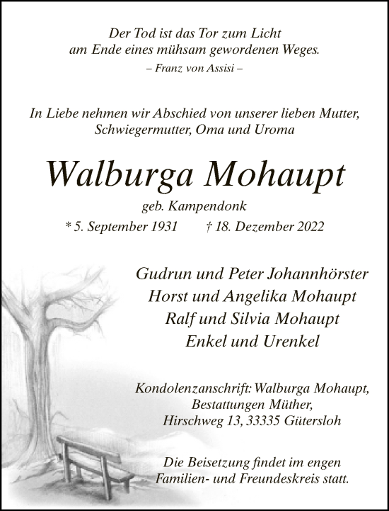 Traueranzeige von Walburga Mohaupt von Neue Westfälische