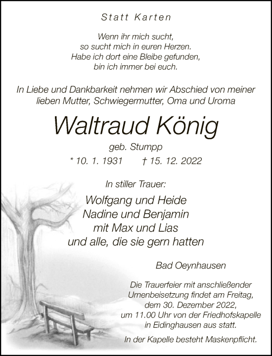 Traueranzeige von Waltraud König von Neue Westfälische
