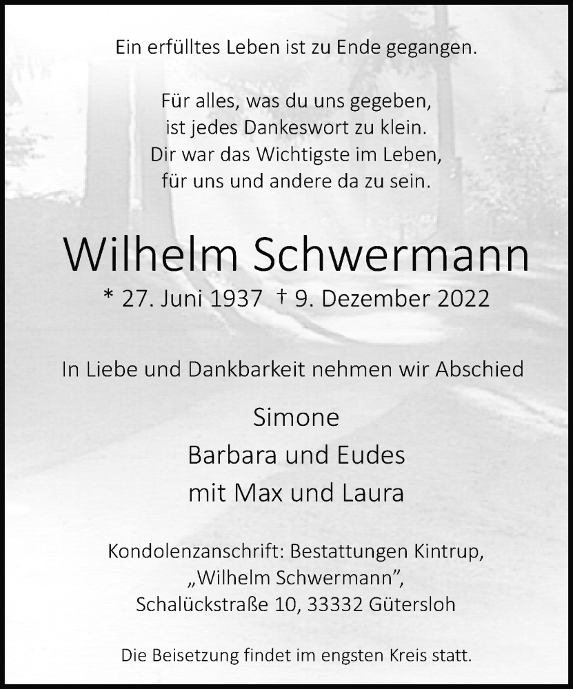  Traueranzeige für Wilhelm Schwermann vom 13.12.2022 aus Neue Westfälische