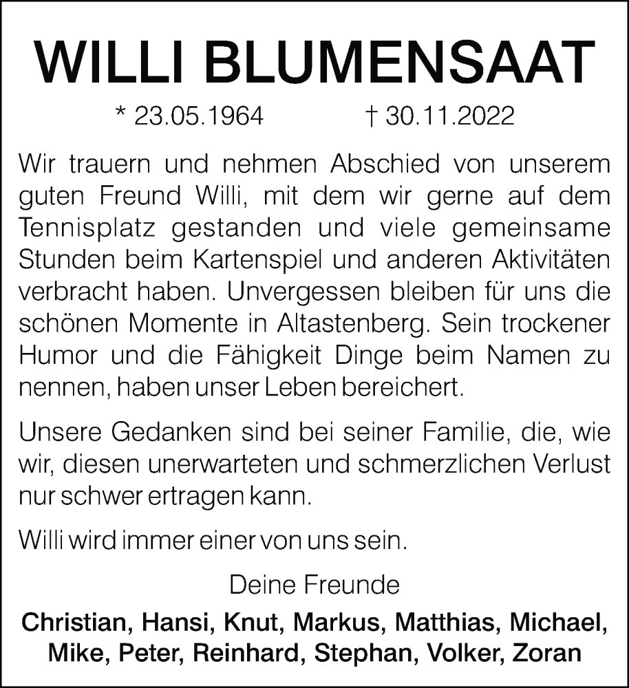 Traueranzeige für Willi Blumensaat vom 10.12.2022 aus Neue Westfälische
