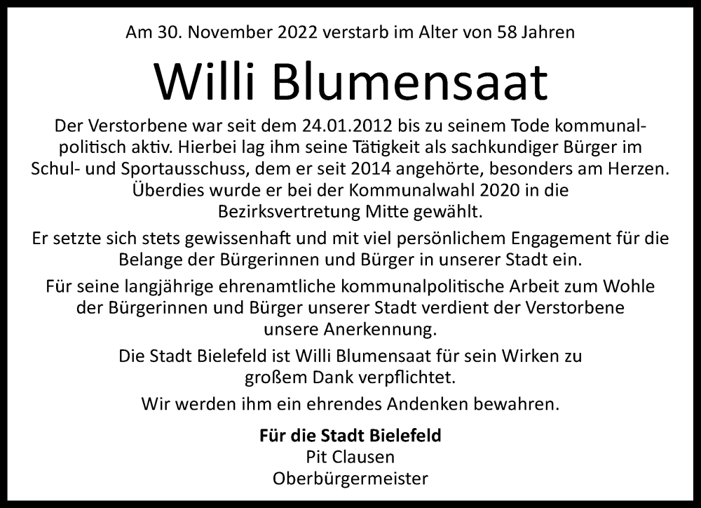  Traueranzeige für Willi Blumensaat vom 14.12.2022 aus Neue Westfälische