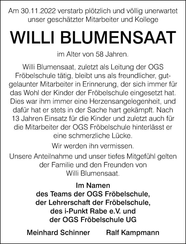  Traueranzeige für Willi Blumensaat vom 10.12.2022 aus Neue Westfälische