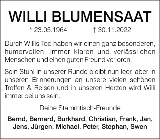 Traueranzeige von Willi Blumensaat von Neue Westfälische