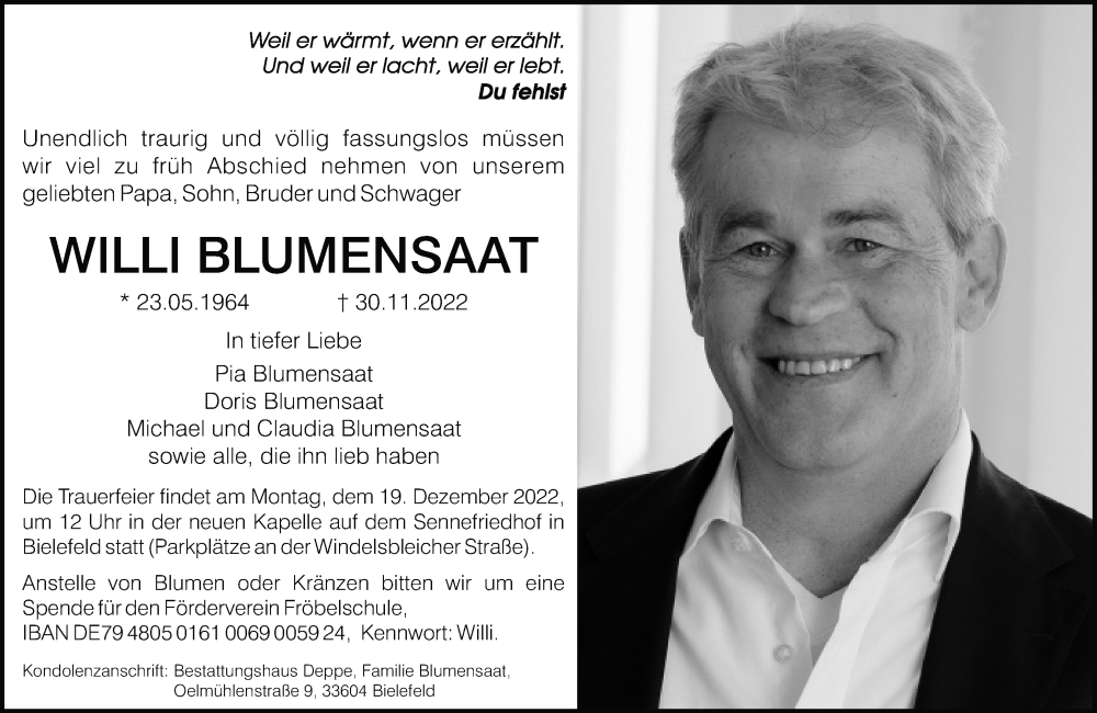  Traueranzeige für Willi Blumensaat vom 10.12.2022 aus Neue Westfälische