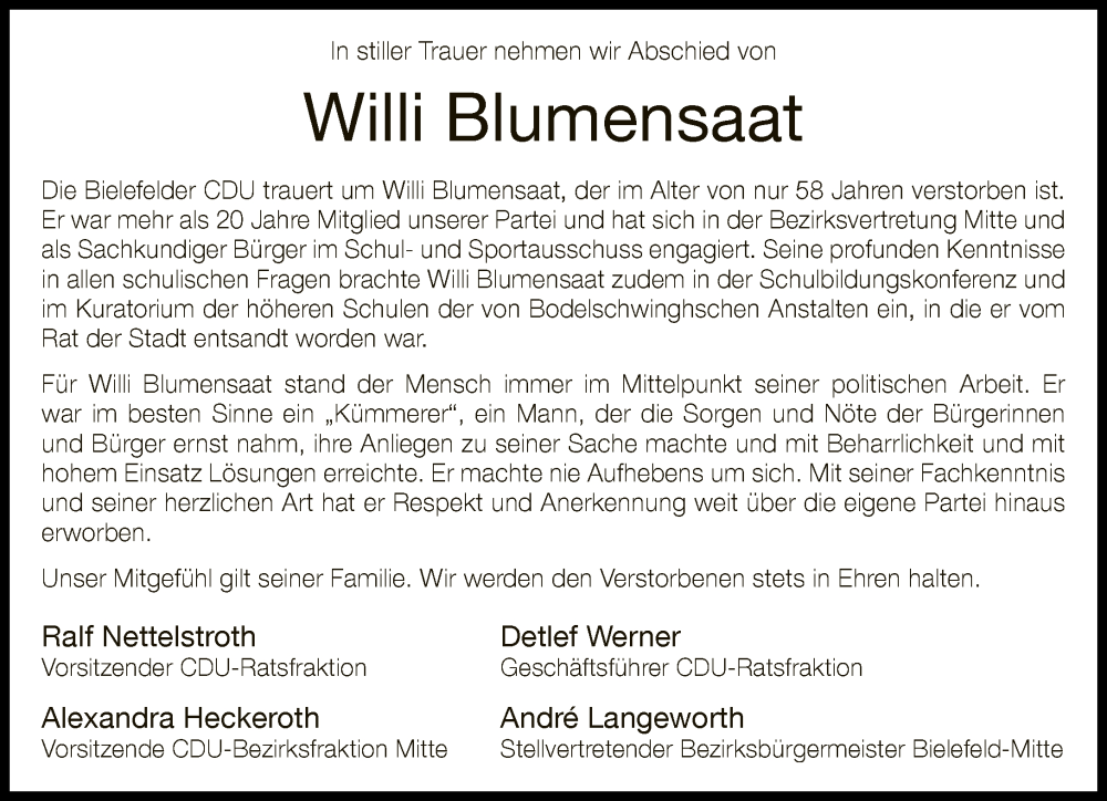  Traueranzeige für Willi Blumensaat vom 14.12.2022 aus Neue Westfälische