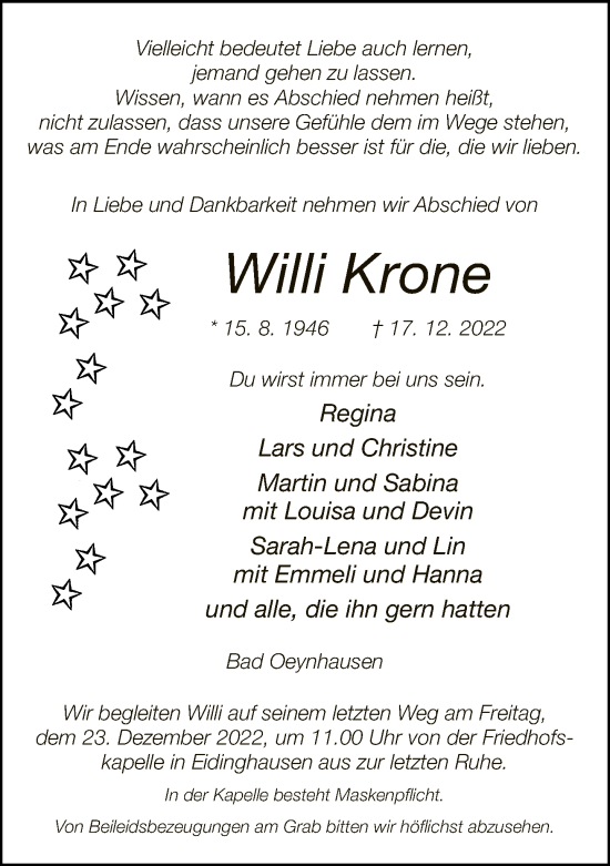 Traueranzeige von Willi Krone von Neue Westfälische