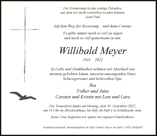 Traueranzeige von Willibald Meyer von Neue Westfälische