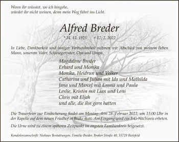 Traueranzeige von Alfred Breder von Neue Westfälische