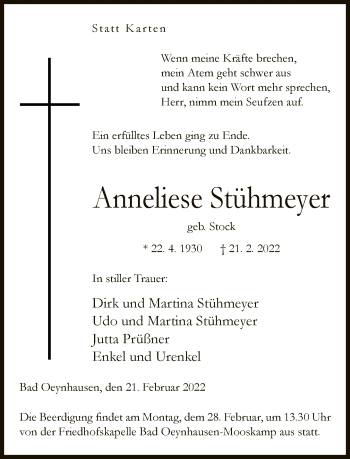 Traueranzeige von Anneliese Stühmeyer von Neue Westfälische
