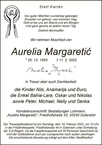 Traueranzeige von Aurelia Margaretic von Neue Westfälische