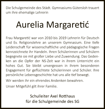 Traueranzeige von Aurelia Margaretic von Neue Westfälische