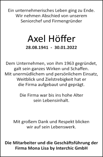 Traueranzeige von Axel Höffer von Neue Westfälische