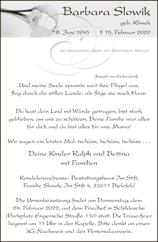  Traueranzeige für Barbara Slowik vom 19.02.2022 aus Neue Westfälische