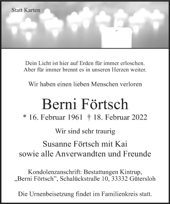 Traueranzeige von Berni Förtsch von Neue Westfälische