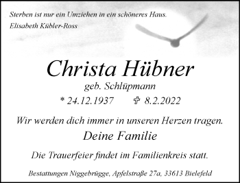 Traueranzeige von Christa Hübner von Neue Westfälische