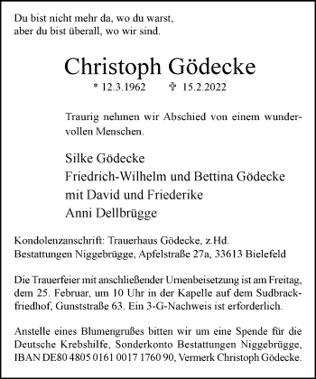 Traueranzeige von Christoph Gödecke von Neue Westfälische