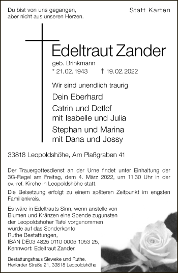 Traueranzeige von Edeltraut Zander von Neue Westfälische