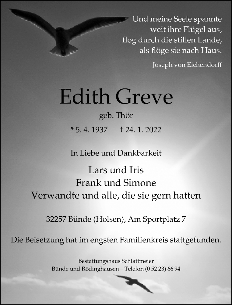  Traueranzeige für Edith Greve vom 12.02.2022 aus Neue Westfälische