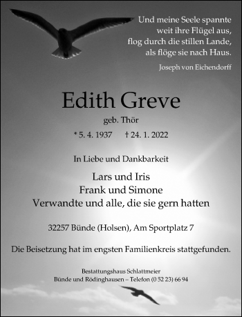 Traueranzeige von Edith Greve von Neue Westfälische