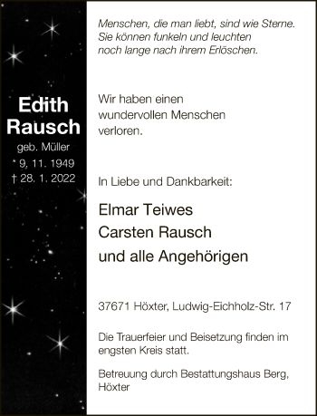 Traueranzeige von Edith Rausch von Neue Westfälische