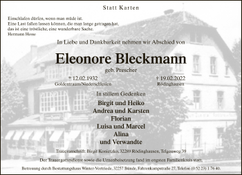 Traueranzeige von Eleonore Bleckmann von Neue Westfälische