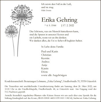 Traueranzeige von Erika Gehring von Neue Westfälische