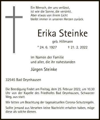 Traueranzeige von Erika Steinke von Neue Westfälische