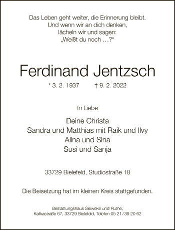 Traueranzeige von Ferdinand Jentzsch von Neue Westfälische