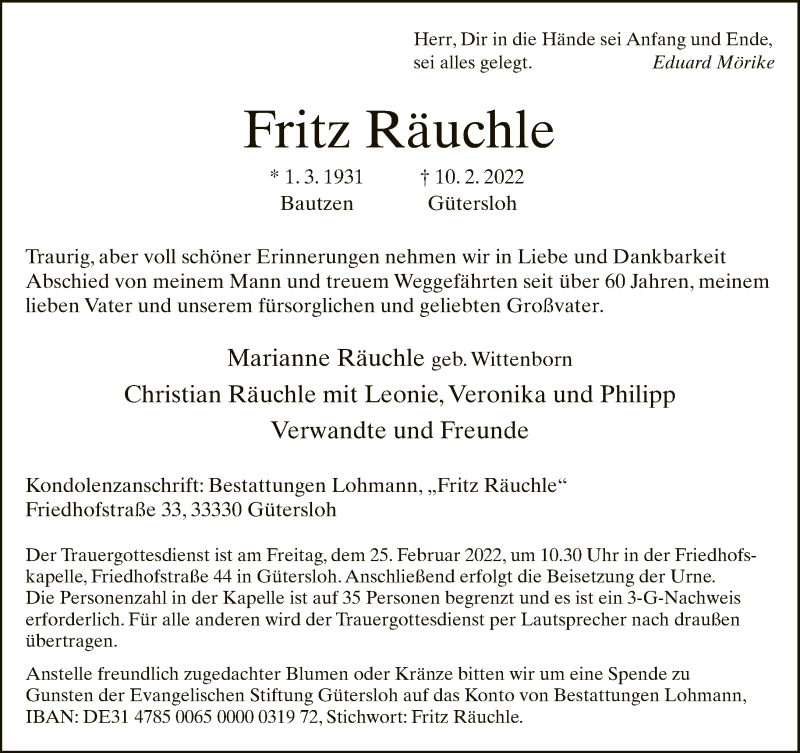  Traueranzeige für Fritz Räuchle vom 19.02.2022 aus Neue Westfälische