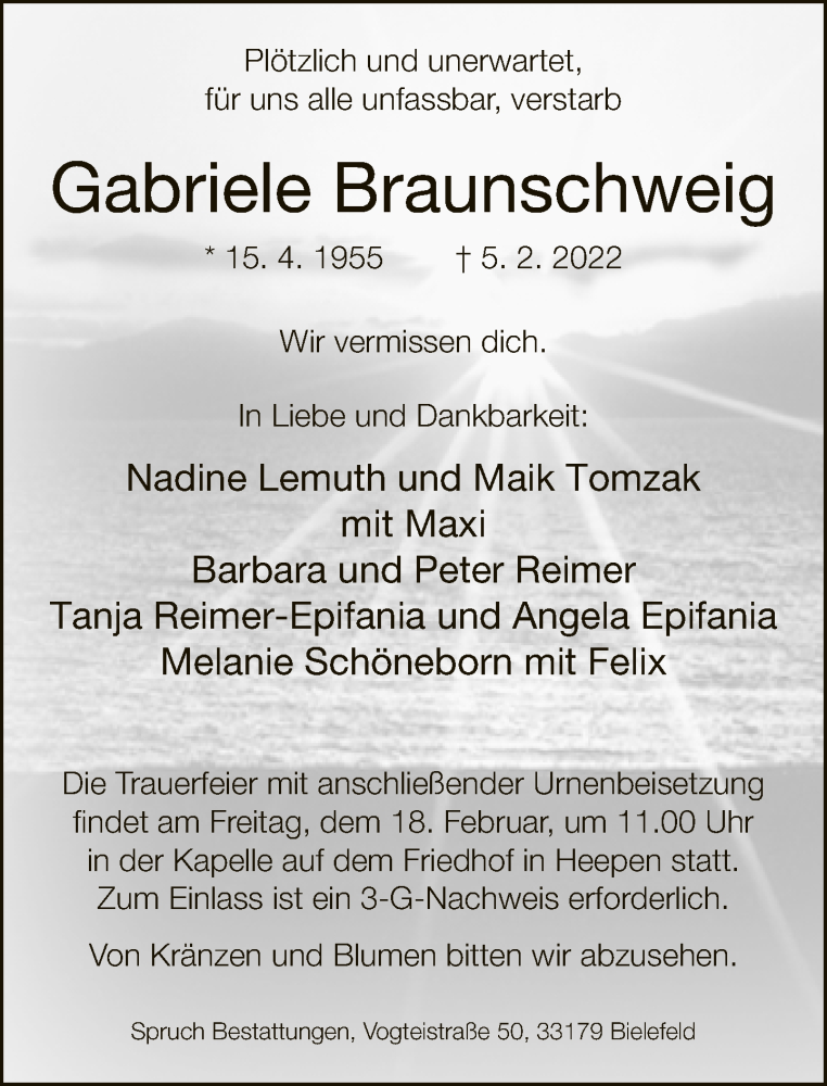  Traueranzeige für Gabriele Braunschweig vom 12.02.2022 aus Neue Westfälische