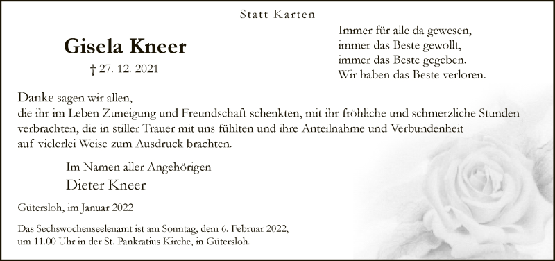  Traueranzeige für Gisela Kneer vom 02.02.2022 aus Neue Westfälische