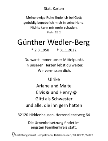 Traueranzeige von Günther Wedler-Berg von Neue Westfälische